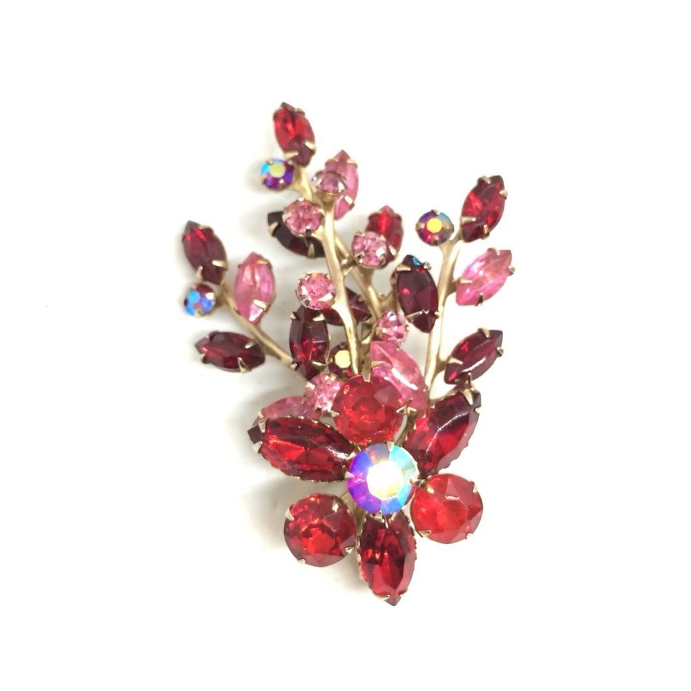 VINTAGE RHINESTONE BROOCH Pin Flower Mcm Gold Tone Spring Spray Red Pink